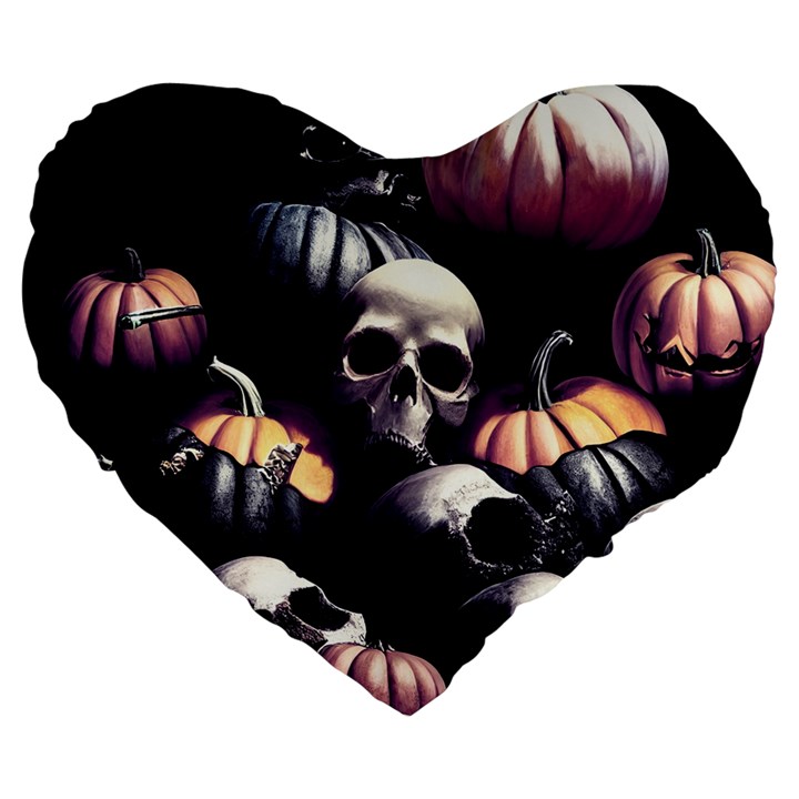 Halloween party skulls, Demonic pumpkins pattern Large 19  Premium Flano Heart Shape Cushions