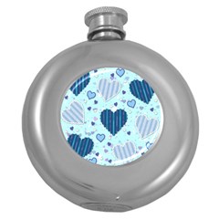 Hearts Pattern Paper Wallpaper Blue Background Round Hip Flask (5 Oz) by Wegoenart