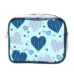 Hearts Pattern Paper Wallpaper Blue Background Mini Toiletries Bag (one Side) by Wegoenart