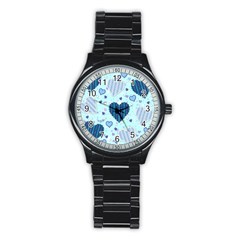 Hearts Pattern Paper Wallpaper Blue Background Stainless Steel Round Watch