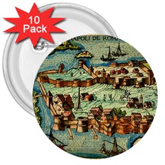 Medeival Ancient Map Fortress Island Seaport Town 3  Buttons (10 Pack)  by Wegoenart