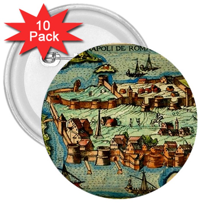 Medeival Ancient Map Fortress Island Seaport Town 3  Buttons (10 pack) 