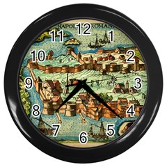 Medeival Ancient Map Fortress Island Seaport Town Wall Clock (black)