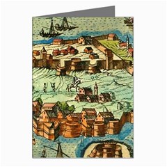 Medeival Ancient Map Fortress Island Seaport Town Greeting Cards (pkg Of 8) by Wegoenart