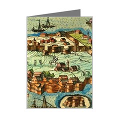 Medeival Ancient Map Fortress Island Seaport Town Mini Greeting Card by Wegoenart