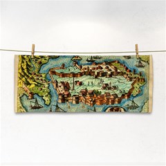 Medeival Ancient Map Fortress Island Seaport Town Hand Towel by Wegoenart