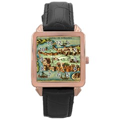 Medeival Ancient Map Fortress Island Seaport Town Rose Gold Leather Watch  by Wegoenart