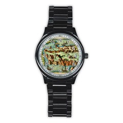 Medeival Ancient Map Fortress Island Seaport Town Stainless Steel Round Watch by Wegoenart