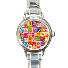 Multicolored Gift Wrap Decor Love Colorful Hearts I Love You Round Italian Charm Watch by Wegoenart