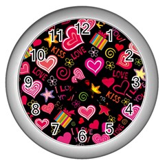 Multicolored Wallpaper, Love Vector Hearts Background Romantic Wall Clock (silver) by Wegoenart