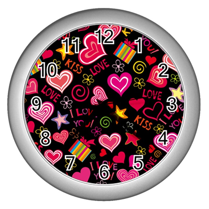 Multicolored Wallpaper, Love Vector Hearts Background Romantic Wall Clock (Silver)