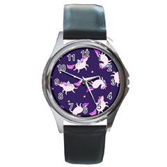 Fantasy Fat Unicorn Horse-pattern Fabric Design Round Metal Watch by Wegoenart