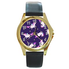 Fantasy Fat Unicorn Horse-pattern Fabric Design Round Gold Metal Watch by Wegoenart