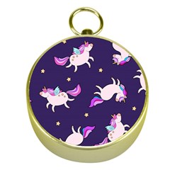 Fantasy Fat Unicorn Horse-pattern Fabric Design Gold Compasses by Wegoenart