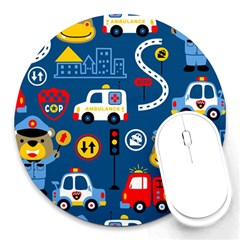 Car Cars Seamless Pattern Vector Rescue Team Cartoon Round Mousepad by Wegoenart