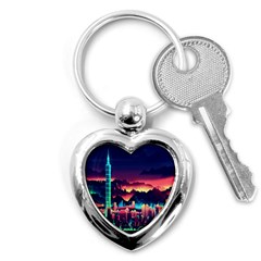 Cityscape Building Painting 3d City Illustration Key Chain (heart) by danenraven