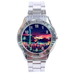 Cityscape Building Painting 3d City Illustration Stainless Steel Analogue Watch by danenraven