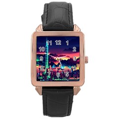 Cityscape Building Painting 3d City Illustration Rose Gold Leather Watch  by danenraven