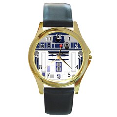 Robot R2d2 R2 D2 Pattern Round Gold Metal Watch