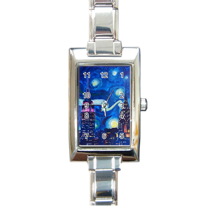 Starry Night In New York Van Gogh Manhattan Chrysler Building And Empire State Building Rectangle Italian Charm Watch