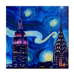 Starry Night In New York Van Gogh Manhattan Chrysler Building And Empire State Building Tile Coaster by danenraven