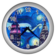 Starry Night In New York Van Gogh Manhattan Chrysler Building And Empire State Building Wall Clock (silver) by danenraven