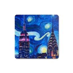 Starry Night In New York Van Gogh Manhattan Chrysler Building And Empire State Building Square Magnet by danenraven