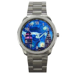 Starry Night In New York Van Gogh Manhattan Chrysler Building And Empire State Building Sport Metal Watch by danenraven