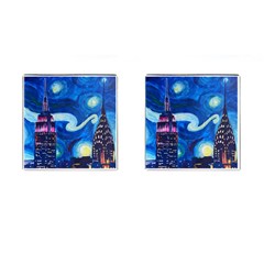 Starry Night In New York Van Gogh Manhattan Chrysler Building And Empire State Building Cufflinks (square) by danenraven