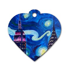 Starry Night In New York Van Gogh Manhattan Chrysler Building And Empire State Building Dog Tag Heart (two Sides) by danenraven