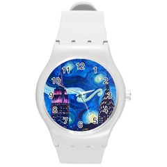 Starry Night In New York Van Gogh Manhattan Chrysler Building And Empire State Building Round Plastic Sport Watch (m) by danenraven