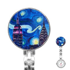 Starry Night In New York Van Gogh Manhattan Chrysler Building And Empire State Building Stainless Steel Nurses Watch by danenraven