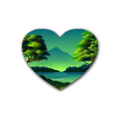 Green Landscape Illustration Nature Rubber Heart Coaster (4 Pack) by Wegoenart