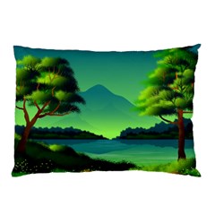 Green Landscape Illustration Nature Pillow Case by Wegoenart