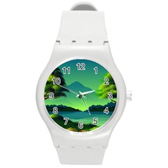 Green Landscape Illustration Nature Round Plastic Sport Watch (m) by Wegoenart