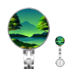 Green Landscape Illustration Nature Stainless Steel Nurses Watch by Wegoenart