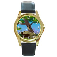 Nature Background Illustration Landscape Round Gold Metal Watch by Wegoenart