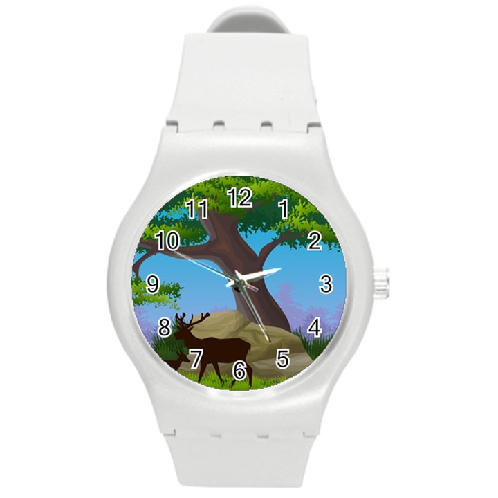 Nature Background Illustration Landscape Round Plastic Sport Watch (M)