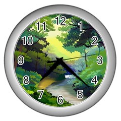 Landscape Illustration Nature Painting Wall Clock (silver) by Wegoenart