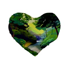 Landscape Illustration Nature Painting Standard 16  Premium Flano Heart Shape Cushions by Wegoenart