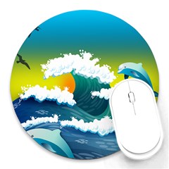 Dolphin Seagull Sea Ocean Wave Blue Water Round Mousepad by Wegoenart