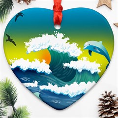 Dolphin Seagull Sea Ocean Wave Blue Water Ornament (heart) by Wegoenart