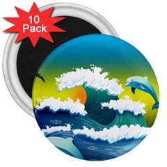 Dolphin Seagull Sea Ocean Wave Blue Water 3  Magnets (10 Pack)  by Wegoenart