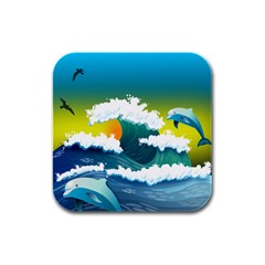 Dolphin Seagull Sea Ocean Wave Blue Water Rubber Square Coaster (4 Pack) by Wegoenart