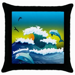 Dolphin Seagull Sea Ocean Wave Blue Water Throw Pillow Case (black) by Wegoenart