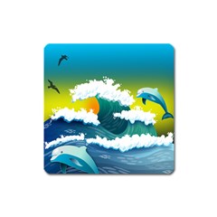 Dolphin Seagull Sea Ocean Wave Blue Water Square Magnet by Wegoenart