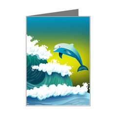 Dolphin Seagull Sea Ocean Wave Blue Water Mini Greeting Card by Wegoenart