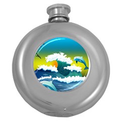 Dolphin Seagull Sea Ocean Wave Blue Water Round Hip Flask (5 Oz) by Wegoenart