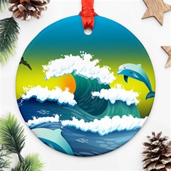 Dolphin Seagull Sea Ocean Wave Blue Water Round Ornament (two Sides) by Wegoenart