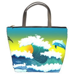 Dolphin Seagull Sea Ocean Wave Blue Water Bucket Bag by Wegoenart